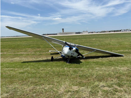 Photograph 1 – View of the front of the airplane at the accident site, from the NTSB investigation of Cessna 172 accident near Wichita, Kansas, June 28, 2025