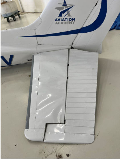 Photograph 5 – View of the substantial damage sustained to the left horizontal stabilizer, from the NTSB investigation of Cessna 172 accident near Wichita, Kansas, June 28, 2025