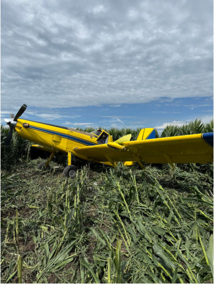 Photograph 1 – Left Wing Damage, from the NTSB investigation of Air Tractor AT502 accident near Hastings, Nebraska, July 22, 2025