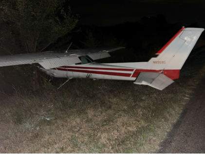Photograph 1 – Airplane at accident site, from the NTSB investigation of Cessna 152 accident near Baldwin City, Kansas, August 30, 2025
