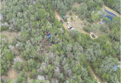 Photograph 1 – Aerial view of the accident site, from the NTSB investigation of Sikorsky Aircraft CORP S-76 accident near Round Mountain, Texas, September 1, 2025