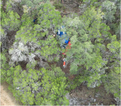 Photograph 2 – Aerial view of the accident site, from the NTSB investigation of Sikorsky Aircraft CORP S-76 accident near Round Mountain, Texas, September 1, 2025