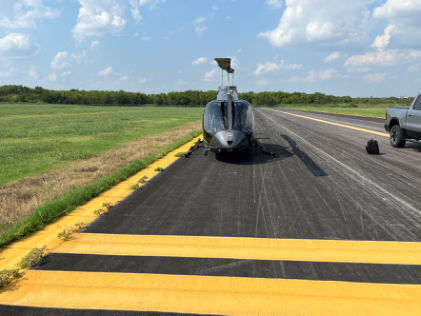 Photograph 1 – View of the front of the helicopter at the heliport, from the NTSB investigation of Bell Helicopter Textron Canada 505 accident near Fort Worth, Texas, August 27, 2025