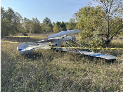 Photograph 1 – Wreckage Overview Back Left Side, from the NTSB investigation of Quad City CHALLENGER accident near Crystal Mountain, Michigan, September 16, 2025