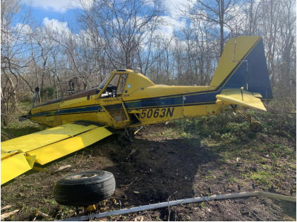Photograph 3 – View of the left side of the airplane at the accident site, from the NTSB investigation of Air Tractor INC AT-502 accident near Larose, Louisiana, March 1, 2026