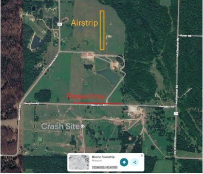 Image 1 – Google Earth view of accident site with labels, from the NTSB investigation of Just Aircraft JA-30 accident near Hartville, Missouri, April 26, 2026