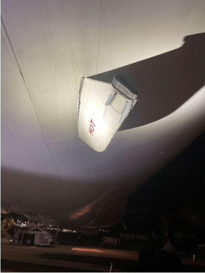Photograph 5 – Drain mast damage., from the NTSB investigation of Boeing 767 accident near San Bernardino, California, January 10, 2025
