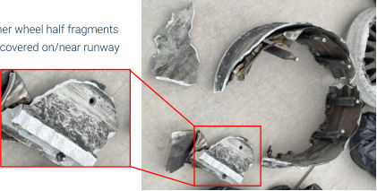 Left IB Wheel NTSB Photo • Inner wheel half fragments • Recovered on/near runway, from the NTSB investigation of Boeing 737-8 accident near Denver, Colorado, July 26, 2025