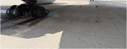 LMLG Tire and Wheel Failure City and County of Denver Department of Aviation Photo • View looking forward • Both tires separated • Left OB wheel partially intact • Left IB wheel fractured and separated, from the NTSB investigation of Boeing 737-8 accident near Denver, Colorado, July 26, 2025
