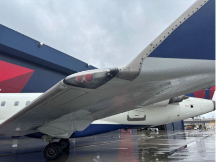 Photo 2 – Right-wing leading-edge slat damage. (Source Endeavor Air), from the NTSB investigation of Bombardier INC CL-600-2C10 incident near College Park, Georgia, February 26, 2026