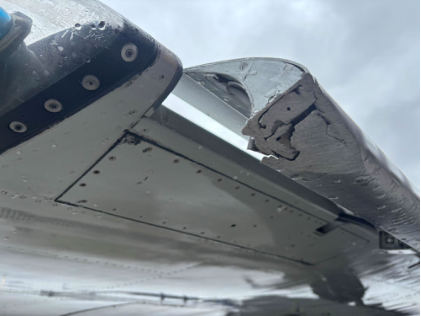 Photo 4 – Left-wing leading-edge slat damage. (Source Endeavor Air), from the NTSB investigation of Bombardier INC CL-600-2C10 incident near College Park, Georgia, February 26, 2026