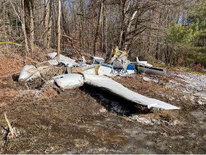 Photograph 1 – Front Left View of Airplane at Accident Site, from the NTSB investigation of Beech 95-B55 (T42A) accident near Leyden, Massachusetts, January 14, 2024