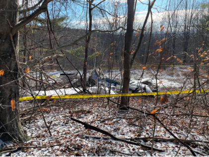 Photograph 2 – Right Front View of Airplane at Accident Site, from the NTSB investigation of Beech 95-B55 (T42A) accident near Leyden, Massachusetts, January 14, 2024