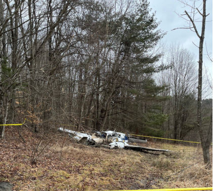 MA STATE POLICE INITIAL ON-SCENE PHOTOGRAPHS Photograph 3 – Front View of Airplane, from the NTSB investigation of Beech 95-B55 (T42A) accident near Leyden, Massachusetts, January 14, 2024