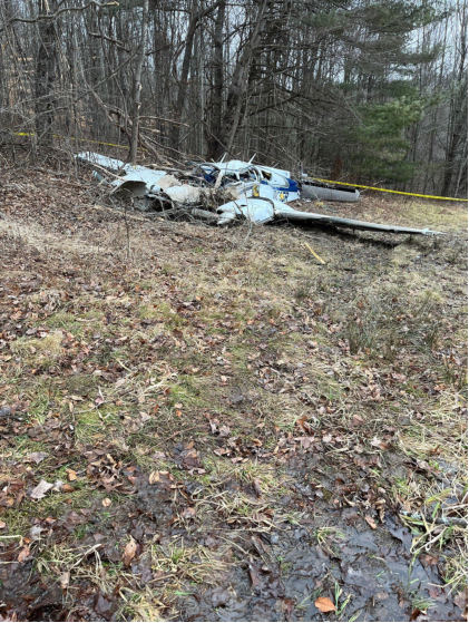 MA STATE POLICE INITIAL ON-SCENE PHOTOGRAPHS Photograph 4 – Front View of Airplane, from the NTSB investigation of Beech 95-B55 (T42A) accident near Leyden, Massachusetts, January 14, 2024
