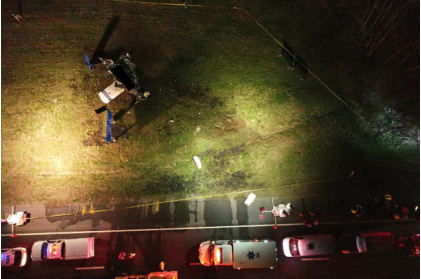 Photograph 1 – Overhead drone/UAS view of accident site and wreckage., from the NTSB investigation of Piper PA32RT accident near Nashville, Tennessee, March 5, 2024