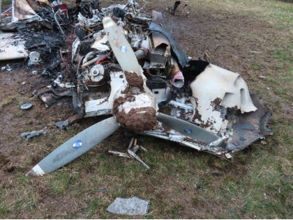 Photograph 6 - Closeup view of propeller damage. (NTSB), from the NTSB investigation of Piper PA32RT accident near Nashville, Tennessee, March 5, 2024