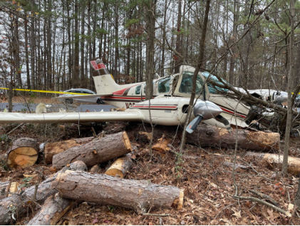 Photograph 2 – Airplane Damage Overview Right Side, from the NTSB investigation of Beech 58 accident near Griffin, Georgia, December 15, 2023