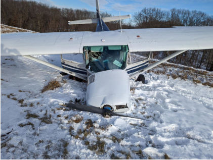 Photograph 1 – Front view of wreckage., from the NTSB investigation of Cessna 150M accident near Franklin, Pennsylvania, January 15, 2024