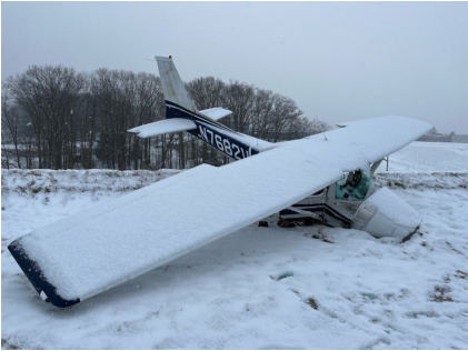 Photograph 4 – Right profile view of airplane damage. Note, snow occurred post-accident., from the NTSB investigation of Cessna 150M accident near Franklin, Pennsylvania, January 15, 2024