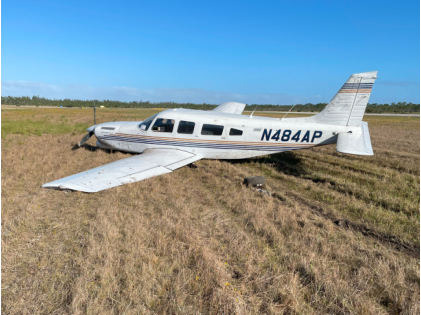Photograph 1 – Airplane at the accident site, from the NTSB investigation of Piper PA-32-301T accident near Palm Beach Gardens, Florida, February 7, 2024