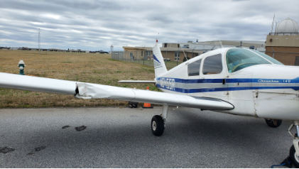 INVESTIGATIVE PHOTOS Photograph 1 – Damaged right wing., from the NTSB investigation of Piper PA28 accident near Greensboro, North Carolina, March 8, 2024
