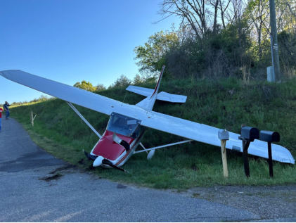 Photograph 1 – Forward view of aircraft at wreckage site., from the NTSB investigation of Cessna 172 accident near Ridgeway, Virginia, April 22, 2024