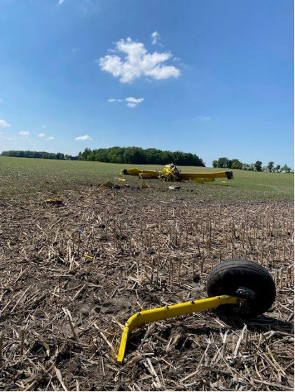 Photograph 1 – Front View of Main Wreckage, from the NTSB investigation of Air Tractor INC AT-602 accident near New Washington, Ohio, May 18, 2024