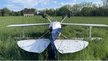 INVESTIGATIVE PHOTOS Photograph 2 –Inverted airplane rear view, from the NTSB investigation of Amateur-built ACRO II accident near Milford, New Jersey, May 20, 2024