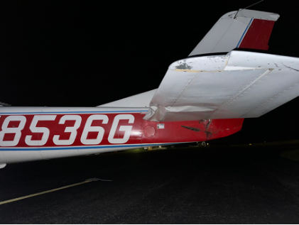 Photograph 1 – View of left horizontal stabilizer showing leading edge damage, from the NTSB investigation of Cessna 150 accident near Fayetteville, Tennessee, May 31, 2024