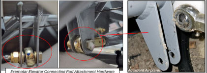 Photo 3: View of the elevator connecting rod attachment areas, exemplar and accident airplane, from the NTSB investigation of Amateur-built JA30 SUPERSTOL accident near Tennille, Georgia, June 8, 2024