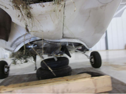 Photograph 2 – Underside of airplane showing damage to the fuselage, from the NTSB investigation of Cessna 172G accident near Greensboro, North Carolina, May 30, 2024