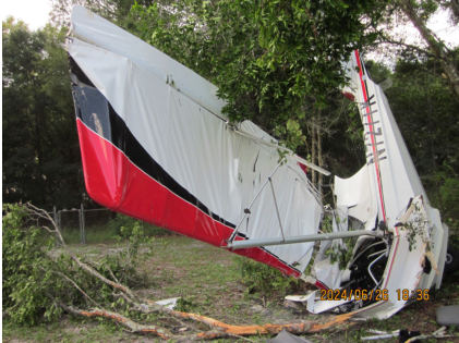 Photograph 1 – Postaccident view of wreckage, from the NTSB investigation of Amateur-built AVENTURA II accident near Deland, Florida, June 26, 2024