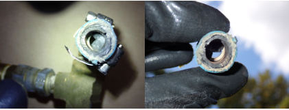 Photograph 3 & 4 – Two views of partially occluded fuel line from fuel pump inlet manifold, from the NTSB investigation of Amateur-built AVENTURA II accident near Deland, Florida, June 26, 2024