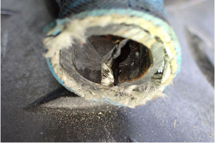 Photograph 4 – Cracked fuel hose from fuel pump inlet manifold, from the NTSB investigation of Amateur-built AVENTURA II accident near Deland, Florida, June 26, 2024