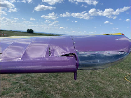 INVESTIGATIVE PHOTOS Photograph 3 – damaged left wing tip, from the NTSB investigation of Amateur-built KITFOX MODEL IV accident near Palmyra, Pennsylvania, July 19, 2024