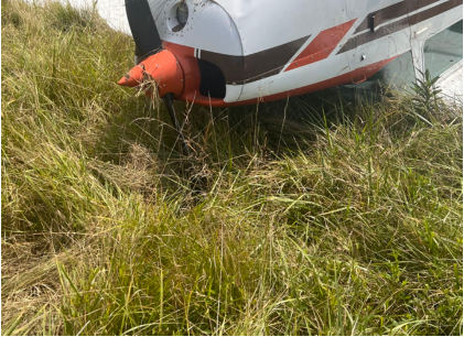 Photograph 1 – Airplane front postaccident, from the NTSB investigation of Cessna 172 accident near Medina, Ohio, August 6, 2024