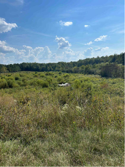 Photograph 1 – Main Wreckage From End of Runway, from the NTSB investigation of Piper PA28 accident near Lagrange, Georgia, September 23, 2024