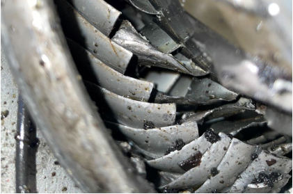 Photograph 9 – Closeup view of damaged compressor blades and stator airfoils. (NTSB), from the NTSB investigation of Cessna 208 accident near Pierson, Florida, February 14, 2025