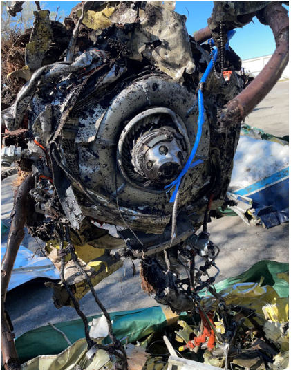 Photograph 7 – View of impact damaged engine after recovery. (NTSB), from the NTSB investigation of Cessna 208 accident near Pierson, Florida, February 14, 2025