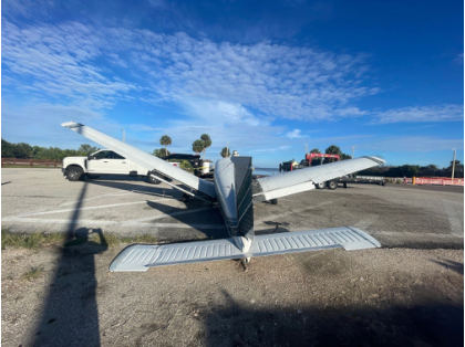 Photograph 1 – View of the airplane from behind., from the NTSB investigation of Piper PA28 accident near Tampa Bay, Florida, October 3, 2024