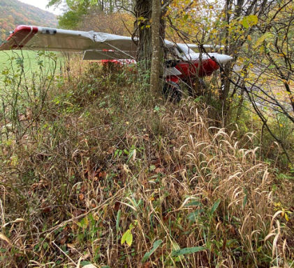 Photograph 2 – FAA Digital Photograph. Right Forward Quartering View of the Airplane At the Accident Site, from the NTSB investigation of Aviat A1 accident near Rowlesburg, West Virginia, October 11, 2024
