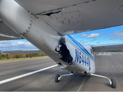 Photograph 2 – Right side tail and horizontal stabilizer accident damage, from the NTSB investigation of Cessna P210 accident near Ball Ground, Georgia, November 7, 2024