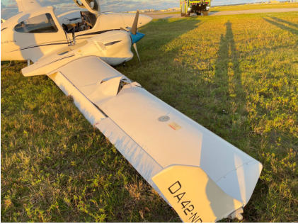 Photograph 1 – Accident Damage Right Wing, from the NTSB investigation of Diamond Aircraft Ind GMBH DA 42 NG accident near Daytona Beach, Florida, November 15, 2024