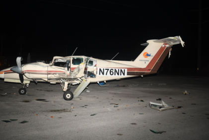 Photograph 2 – View of the Damage to the Left Side of the Airplane, from the NTSB investigation of Beech BE-76 accident near Melbourne, Florida, December 26, 2024
