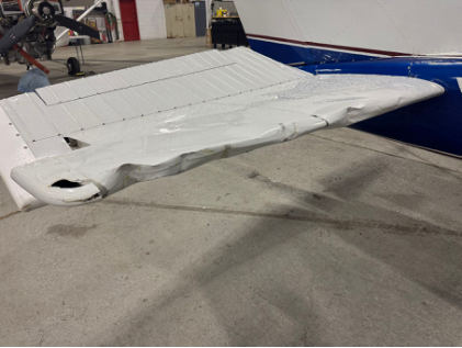 Photograph 1 – Right horizontal stabilizer accident damage, from the NTSB investigation of Cessna 182 accident near Smyrna, Tennessee, January 17, 2025