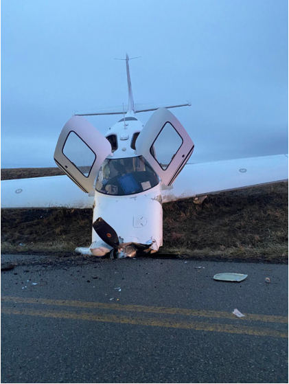 Photograph 1 – FAA Digital Photograph. Frontal View of the Airplane At the Accident Site, from the NTSB investigation of Cirrus Design CORP SR22 accident near New Lexington, Ohio, February 5, 2025
