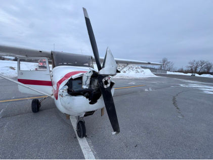 Photograph 1 – Front View of Airplane Damage, from the NTSB investigation of Cessna 172G accident near Syracuse, New York, February 15, 2025