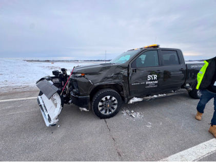 Photograph 2 – Damage to Airport Truck, from the NTSB investigation of Cessna 172G accident near Syracuse, New York, February 15, 2025