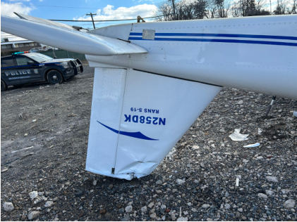 Photograph 2 – Vertical stabilizer accident damage, from the NTSB investigation of Amateur-built RANS S-19 (KIT) accident near Doylestown, Pennsylvania, February 10, 2025